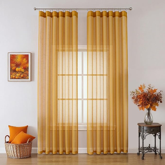 Mustard Gold Sheer Curtains 108 Inches Long 2 Panels, Textured Linen Look See Through Drapes, Vintage Yellow Light Filtering Window Sheers, Pinch Pleat Sliding Glass Door Curtain