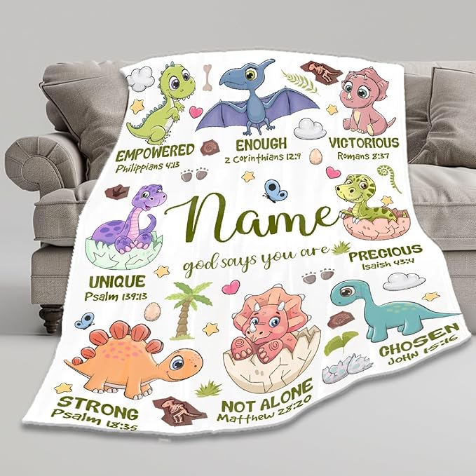 Personalized Dinosaur Blanket,Custom Dinosaur Gifts for Kids Boys,God Says I Am Themed Blanket,Meaningful Thoughtful Religious Baptism Christian Gifts,Bible Verse Quilt with Name,40"x50" for Kids