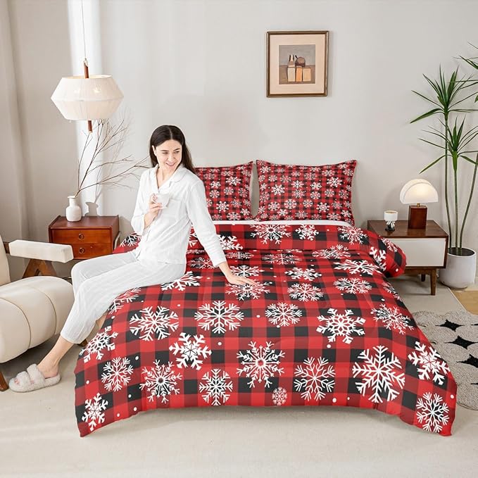 Feelyou Christmas Comforter Set King Size Red Black Plaid Bedding Set for Kids Boys Girls Winter Snow Duvet Quilt Snowflake Red Bedroom Decor Microfiber 3 Pcs with 2 Pillow Cases