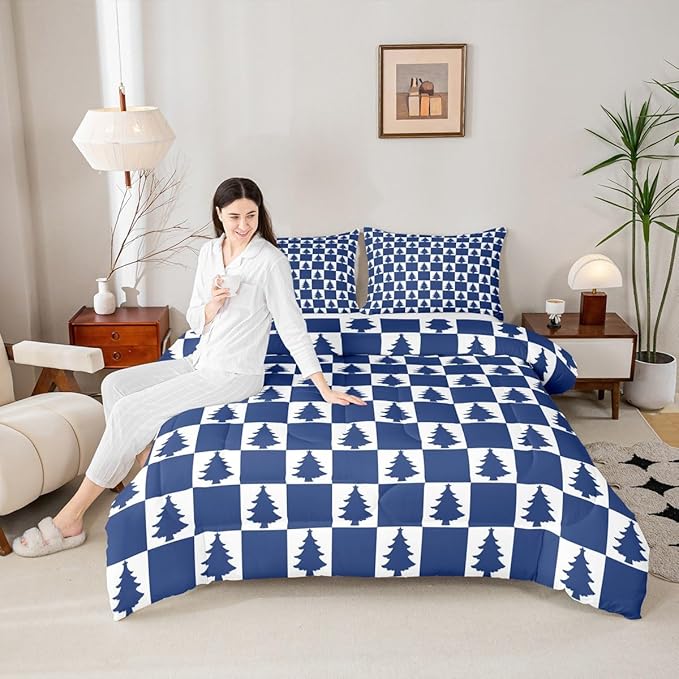Feelyou Christmas Kids Comforter Set Toddler Size Checkered Bedding Set Christmas Tree Duvet Quilt for Kids Boys Girls Bedroom Xmas Decorations Decor Blue Microfiber Ultra Soft Breathable