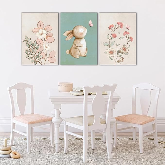 Dytila Framed Nursery Wall Art Set of 3, Pink Flower Botanical Pictures Wall Decor, Green Bunny Paintings, Cute Animal Canvas Prints for Girls and Boys Kids Room, Baby Room Decor 12x16 Inches