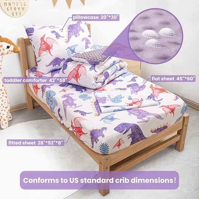 Toddler Bedding Set, Plush Minky Fabric Crib Bedding Set for Girls, Breathable and Soft Baby Crib Bedding Set, Includes Toddler Comforter, Flat Sheet, Fitted Sheet and Pillowcase (Purple Dinosaur)