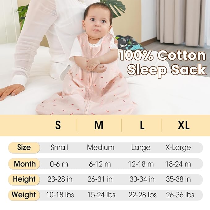 PHF Soft Baby Sleep Sack 0-6 Months 100% Organic Cotton Wearable Blanket, 2-Way Zipper 0.5 TOG Toddler Sleeping Sack 3 Pack, Comfy Sleep Bag for Baby Boys Girls, Ice Cream (Small)