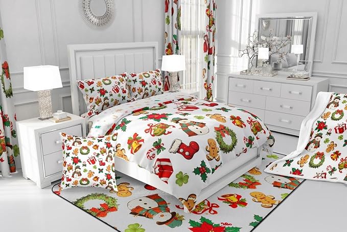 jejeloiu Merry Christmas Comforter Set King Size Cute Snowman Bedding Set for Kids Boys Girls Gingerbread Man Duvet Quilt White Bedroom Decor