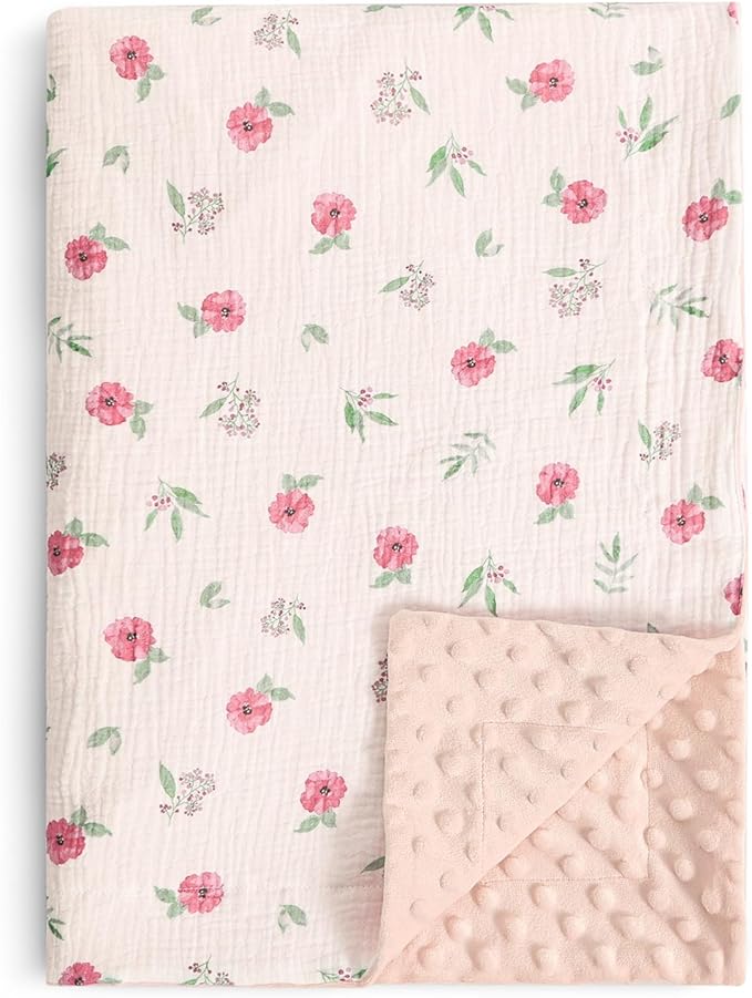 david's kids Muslin Minky Baby Blanket for Girls with Muslin Cotton Front and Dotted Fleece Backing, Breathable and Soft Lightweight Receiving Blanket for Newborns, 30x40 Inches, Pink Floral
