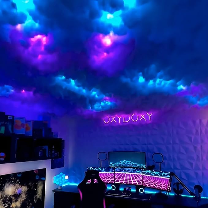 16ft 3D Thundercloud Ceiling Light with Realistic Thunder Effect - DIY Creative LED Cloud Ceiling Light Kit, Remote & Music Sync color change for Bedroom, Gaming/Computer room, Party, Bar Decoation