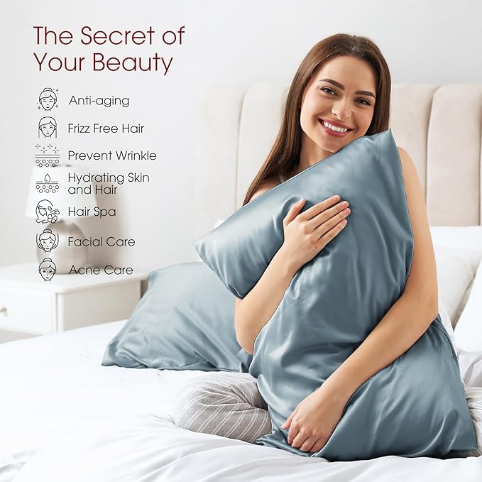 100% Silk Pillow Cases 2 Pack King Size Mulberry Silk Pillowcase for Hair and Skin Set of 2 Highest Grade 6A Silk Soft Breathable Cooling with Hidden Zipper, Grey Blue