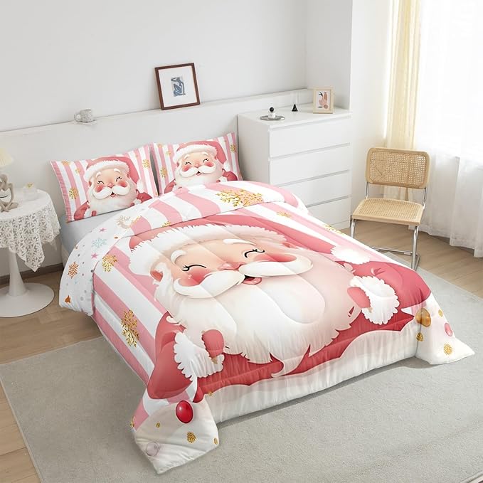Feelyou Merry Christmas Decorations Queen Size Comforter Set Santa Claus Bedding Set Pink Quilt Set Soft Warm Lightweight Duvet Set