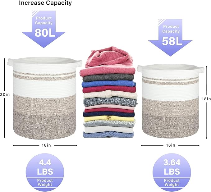 laundry hamper 18x18x20, 80L – large basket for blankets,toy basket Cotton Rope Blanket Basket Living Room, Baby Laundry hamper for Blanket, Nursery, –stuffed animal storage(Pink Rainbow)