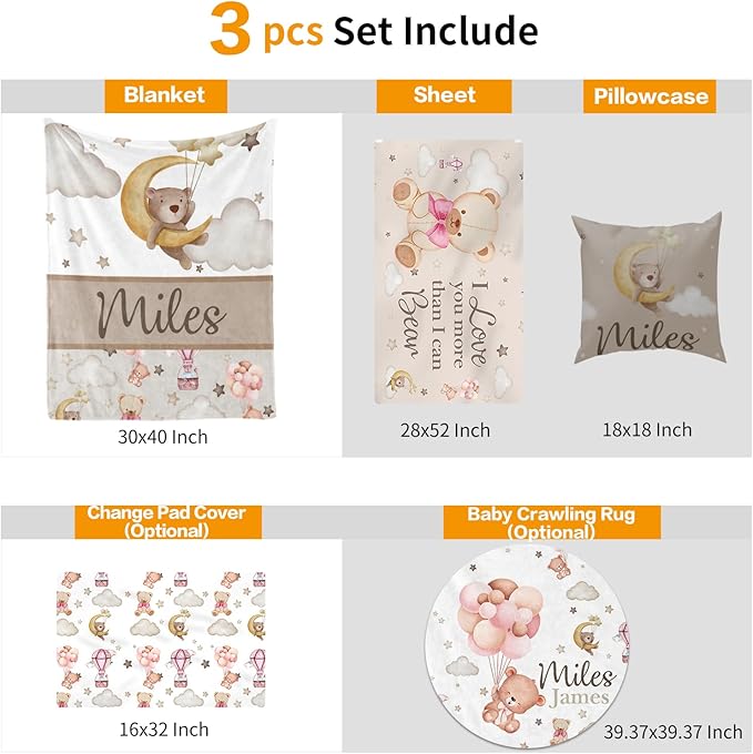 Custom Crib Bedding Set - Bear Design Personalized Name Baby Nursery Bedding 3 Pcs Set - Chic Soft Blanket, Sheet, Pillowcase for Newborns Boys Girls Gifts Color02