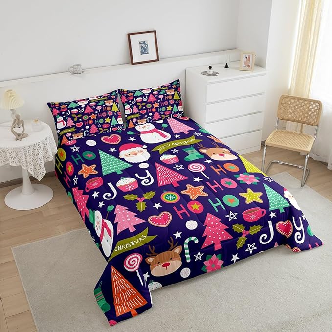 Merry Christmas Kids Comforter Set Full Size,Cartoon Santa Claus Snowman Bedding Set,Boys Girls Adults Room Decor,Pines Deer Cute Xmas Down Comforter,Colorful Romantic Duvet Insert,2 Pillowcases