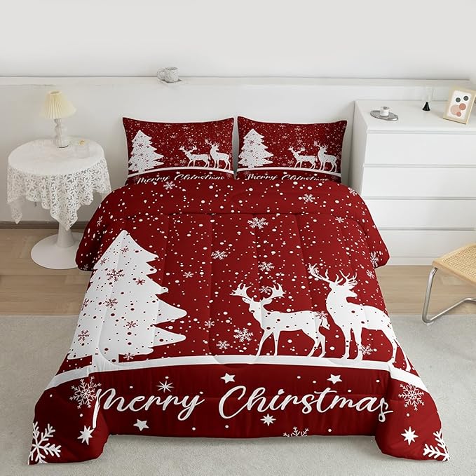 Merry Christmas Kids Comforter Set Full Size,Deer Elk Pine Trees Bedding,Girls Boys Adults Bedroom/Xmas Cabin Decor,Snowflake Romantic Down Comforter,Rustic New Year Red Duvet Insert,2 Pillowcases