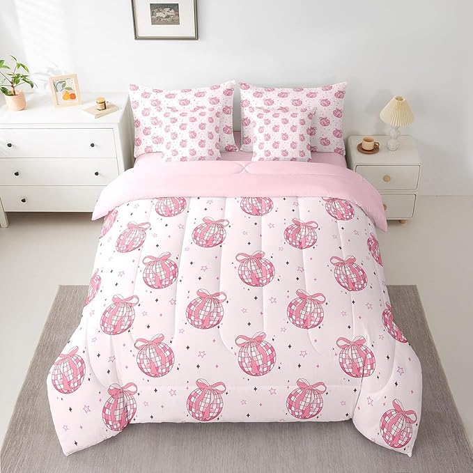 7 Pieces Bowknot Princess Kid Comforter Set Full,Disco Crystal Ball Western Cowgirl Bedding Set,Star Bow Tie Sweet Romantic Pink Dreamy（Comforter+Fitted+Flat Sheet+2 Pillowcases+2 Throw Pillow Covers）