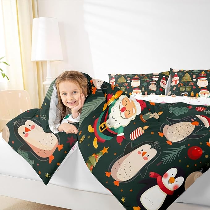 Feelyou Christmas Bedding Set Soft for Boys Girls, Penguin Santa Comforter Set Twin Size Xmas Tree Snowflake Duvet Quilt Microfiber New Year Gift Bedroom Decor 2 Pcs with 1 Pillow Cases