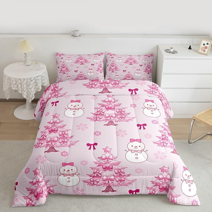 Feelyou Merry Christmas Bedding Set Soft for Boys Girls, Cute Snowman Comforter Set Toddler Size Cartoon Bowknot Duvet Quilt Microfiber Christmas Tree 2 Pcs with 1 Pillow Cases