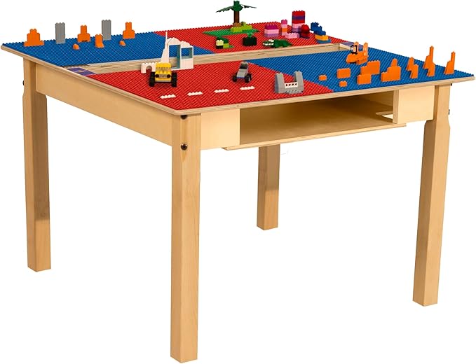 Contender Time-2-Play Montessori Hardwood 35" Red & Blue Lego Compatible Blocks Table for Kids Play Activities, Solid Wood Table for Playroom/Daycare/Preschool, with 22" Legs [ Built to Last]