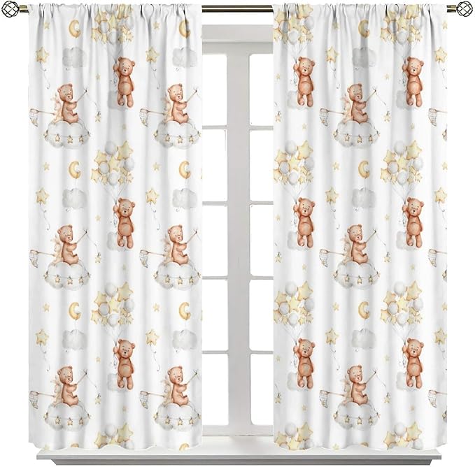 Cartoon Bear Curtains, Cute Lovely Bear Star Cloud Ballon Pastel Blackout Window Treatments, Rod Pocket Thermal Insulated Drapes 2 Panel Sets for Kids Bedroom Nursery Classroom, 52" W X 84" L