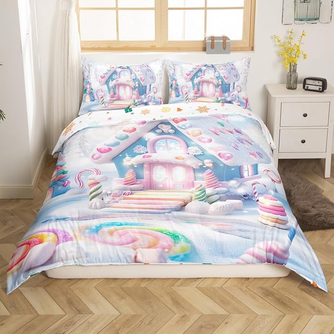 Manfei Christmas Kids Duvet Cover Set Queen Size, Cute Candy Cabin Xmas Bedding Set for Boys Girls Room Decor, New Year Winter Comforter Cover, Soft Polyester Quilt Cover, 2 Pillowcases, No Comforter