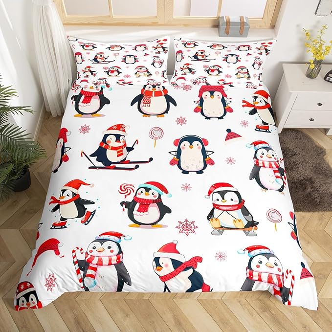 Feelyou Cartoon Penguin Duvet Cover Funny Animal Printed Christmas Day Bedding Set for Kids Room Cute Polar Animal Pattern Decor Comforter Cover Set Snowflake Bedspread Cover 3Pcs Zipper Queen Size