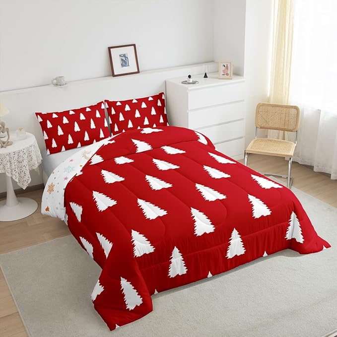 Feelyou Red Christmas Trees Bedding Set for Kids Boys Girls Full Size Xmas Comforter Set Ultra Soft Winter Comforter Holiday Decor Duvet Quilt Bedroom Decor Christmas Ornaments Quilt