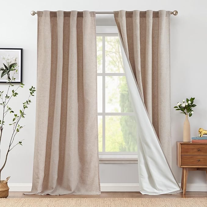 jinchan Linen Curtains with Privacy Lining 108 Inch Length Taupe Brown Farmhouse Closet Lined Drapes for Small Narrow Window Bedroom Living Room Bay Window 2 Panels Rod Pocket Back Tab