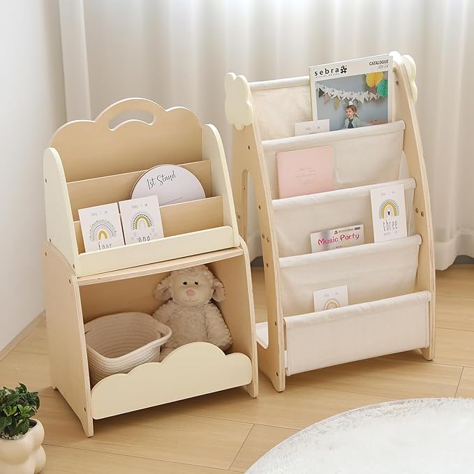 Kids Bookshelf with Storage, 3-Piece Modular Wooden Bookcase Organizer for Nursery, Bedroom, Playroom, Easy Assembly, Corner Shelf for Books & Toys, Natural Wood Design (A)
