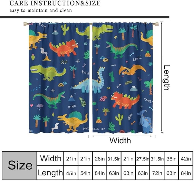 Funny Dinosaur Blackout Curtains Colorful Cartoon Animals Dino Tropical Plant Art Print for Kids Boys Bedroom Living Room Rod Pocket Decoration Window Drapes 2 Panels W42xL84in