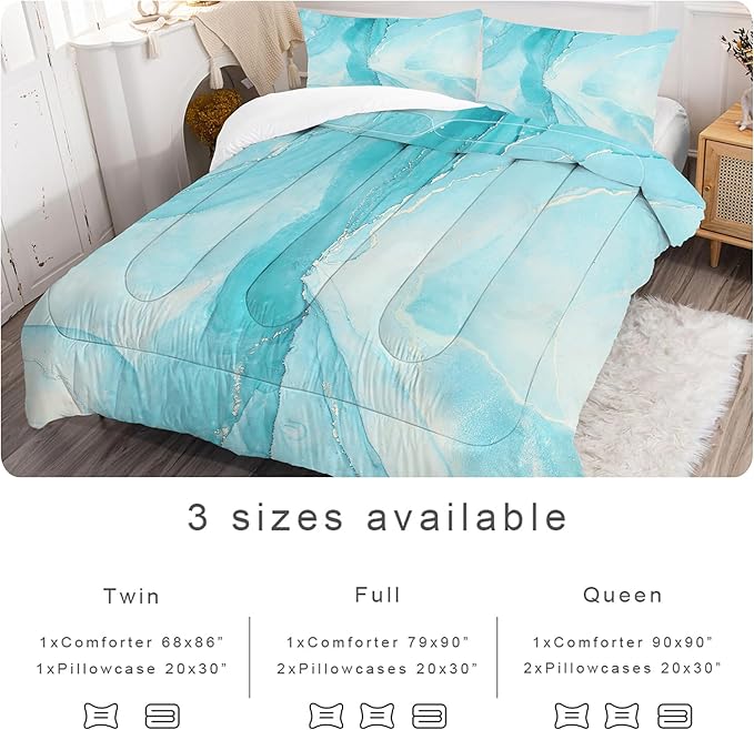 Comforter Set Blue Marble: Full Size Aqua Blue Bedding Sets for Teen Girls Kids Women Bedroom Abstract Baby Blue Marbling Quilt Bed Set 1 Comforter & 2 Pillowcases