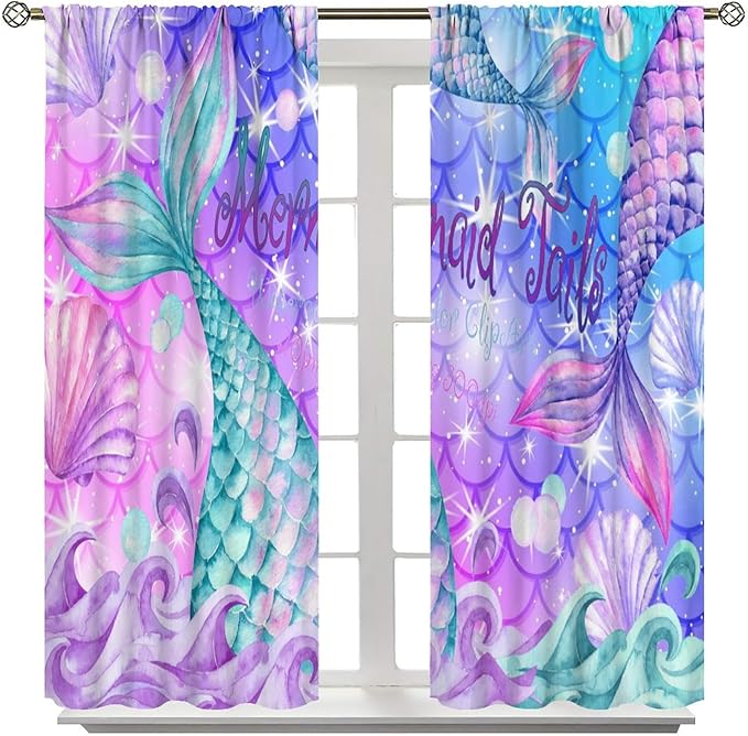 Dream Mermaid Curtain Colorful Mermaid Shell Ocean Theme Fantasy Blackout Curtains for Kids Boys Girls Bedroom Nursery Room Decor Rod Pocket Window Drapes 42x54in