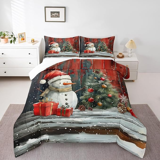 Merry Christmas Bedding Set Full Size,Snowman Christmas Tree Comforter Set for Kids Boys Girls Room Decor,Snowflake Winter Theme Duvet Insert 3Pcs,Retro Rustic Barn Stripes Quilt Set,2 Pillowcases