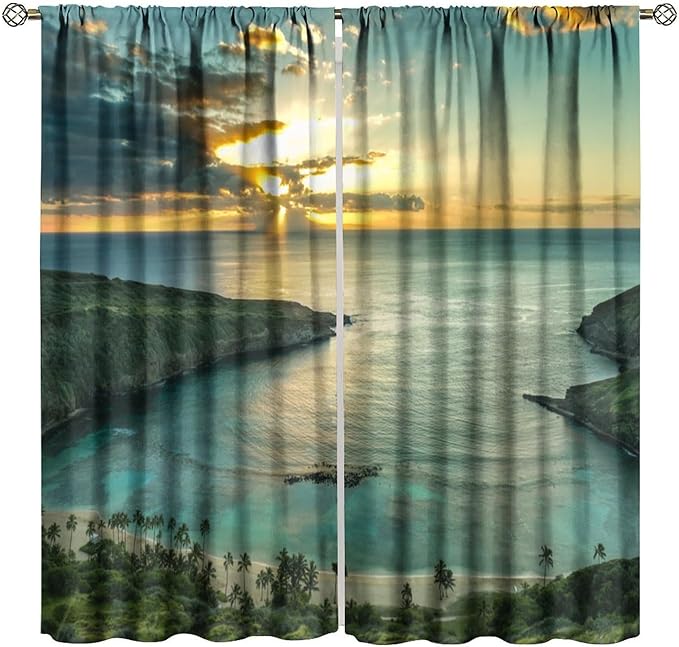 BAEKJIN Ocean Beach Curtains,OceanMorning Sunrise Hawaiian Seaside Scene Pattern Print Decor Home Bedroom Living Room Window Treatments 2 Panel Set 42x45 Inch