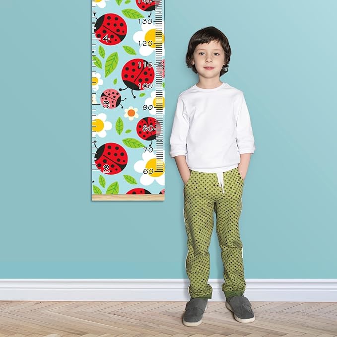 Personalized Kids Name Growth Chart Ruler for Wall Wood Frame Height Measure Chart 13.4x56 in Linen Hanging Height Growth Chart Ladybugs and Flowers Kids Room Decor