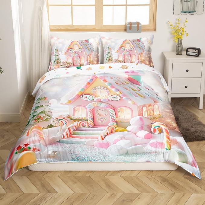 Manfei Christmas Kids Duvet Cover Set Twin Size, Cute Candy Cabin Xmas Bedding Set for Boys Girls Room Decor, New Year Theme Comforter Cover, Lightweight Bedspread Cover, 1 Pillowcase, No Comforter