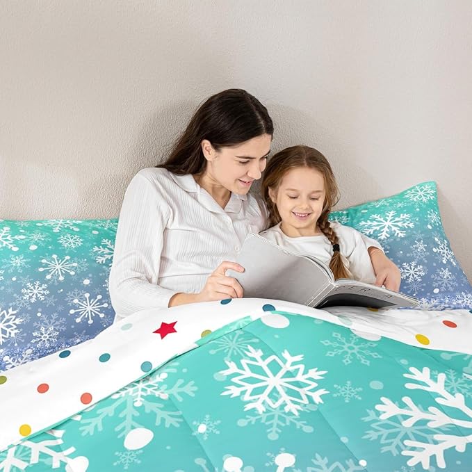 Feelyou Winter Snowflake Kids Comforter Set King Size Christmas Bedding Set Winter Holiday Duvet Quilt for Kids Boys Girls Bedroom New Year Decor Microfiber Ultra Soft Breathable