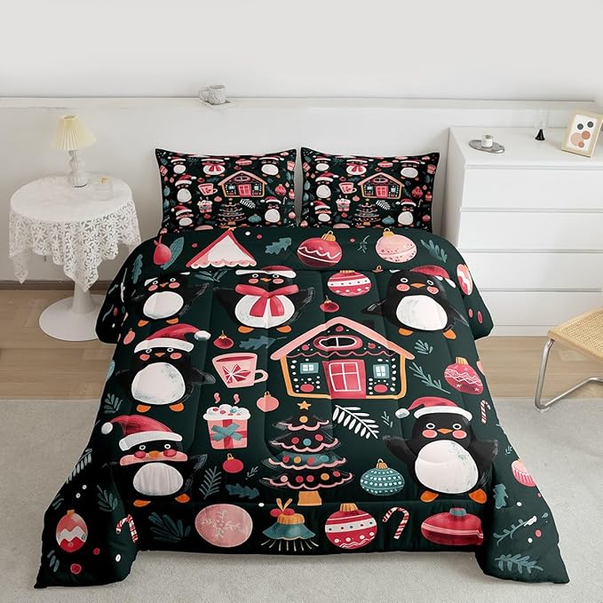 Feelyou Christmas Kids Comforter Set Queen Size Xmas Tree Ball Bedding Set Penguin Duvet Quilt for Kids Boys Girls Bedroom Gingerbread Houses Decor Microfiber Ultra Soft Breathable