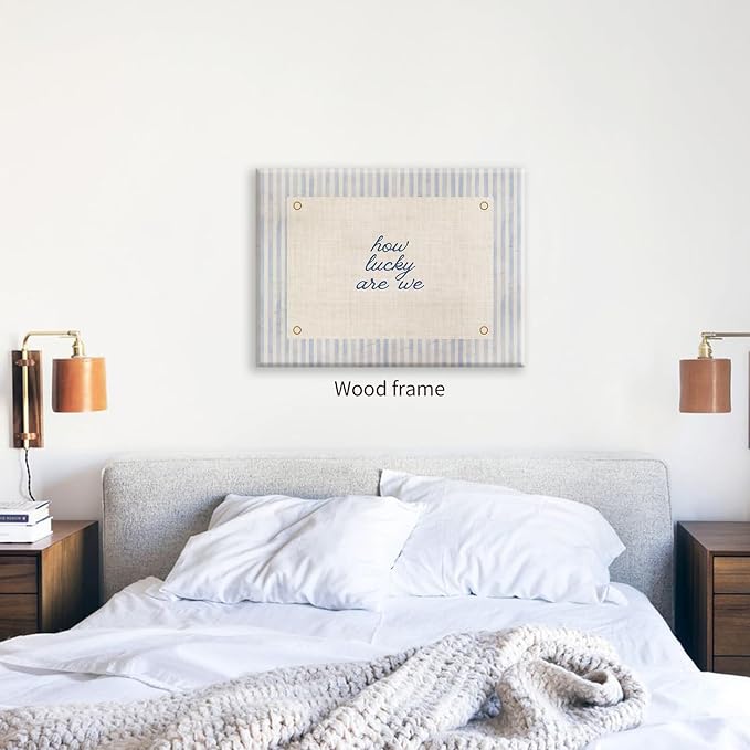 How Lucky Are We Quote Wall Art Navy Blue Positive Affirmations Poster 12x16 inch Framed Trendy Minimalist Aesthetic Canvas Prints for Dorm Bedroom Wall Decor