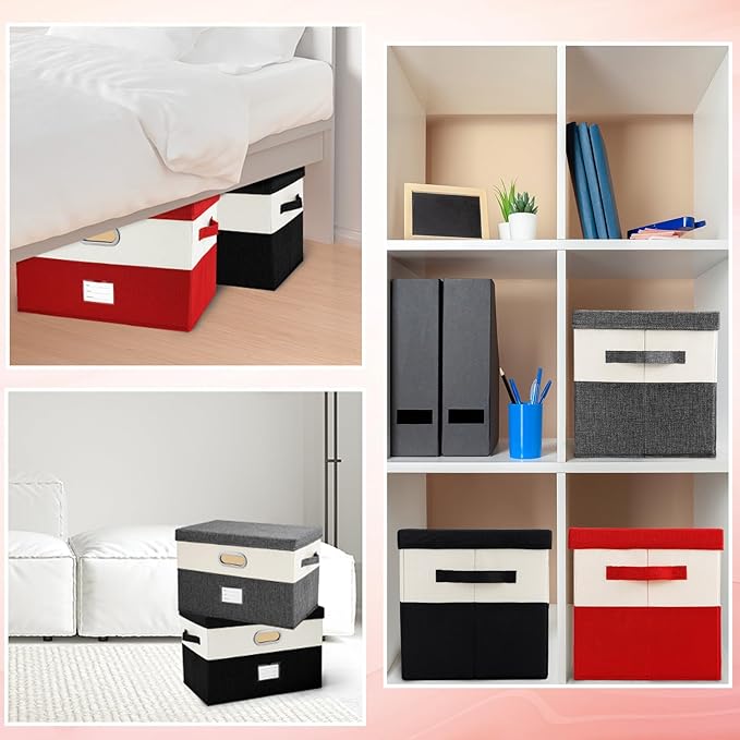 Large Linen Fabric Foldable Storage Bins with Removable Lid and Handles, Washable Storage Box Organizer Containers Baskets Cube with Cover for Bedroom,Office(Red&Cream, Large)