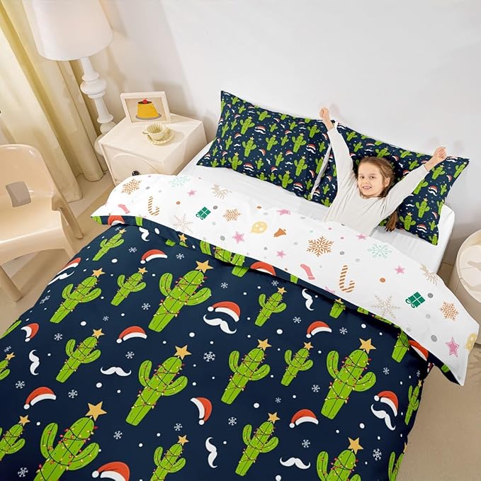 Feelyou Christmas Duvet Cover Boys Cartoon Cactus Xmas Theme Bedding Set for Kids Teens Ultra Soft Snowflake Comforter Cover Set New Year Bedspread Cover Room Decor Toddler Size Bedclothes Zipper