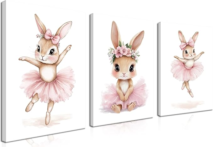 Baby Girl Nursery Wall Decor, Easter Nursery Canvas Wall Art Paintings Set of 3, Cute Animal Pink Bunny Posters Prints Pictures for Boys and Girls Room, Bedroom, Home Decor 16x24 In Framed