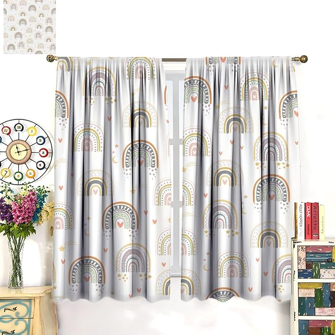 Kids Rainbow Curtains Boho Cartoon Colorful Stars Love Heart Lovely Abstract Art Pattern Print Window Drapes for Girl Bedroom Living Room Kitchen Decor,2 Panel Set,63Wx72H Inch Blackout