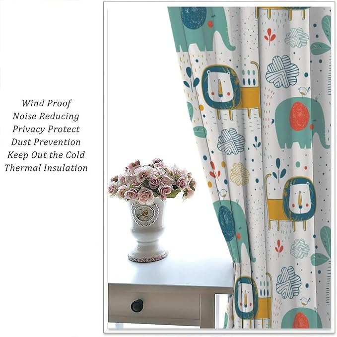 Cute Lions Blackout Curtains for Kids Bedroom,Cartoon Tropical Plants Birds Elephants Print Pattern Window Drapes,Funny Animal Thermal Insulation Curtain for Nursery Baby Room 63x63in