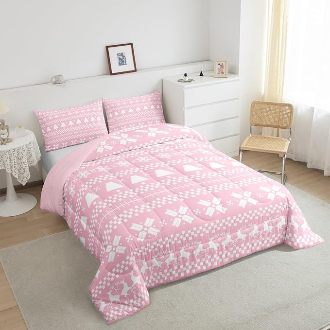 Feelyou Pink Christmas Bedding Set for Kids Boys Girls Toddler Size Xmas Deer Elk Decor Comforter Set Ultra Soft Winter Comforter Snowflake Duvet Quilt Bedroom Decor Christmas Ornaments Quilt