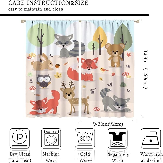 Kids Cartoon Forest Animal Curtains, Cute Woodland Animal Window Treatments for Bedroom Wildlife Fox Bear Deer Bunny Bird Blackout Window Drapes for Girls Boys Nursery Toddler Playroom 72x63in