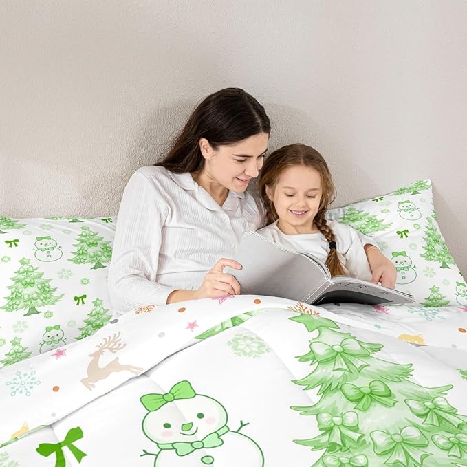 Feelyou Merry Christmas Comforter Set All Season Cute Snowman Bedding Set with 2 Pillow Cases Cartoon Bowknot Microfiber Kids Full Bedclothes Christmas Tree Duvet Quilt Breathable Soft Lightweight