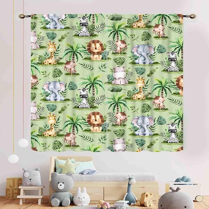 Jungle Safari Animals Curtains, Cartoon Animals Lion Giraffe Elephant Woodland Tropical Leaf Green Window Drapery for Kids Boys Girls Baby Living Room Bedroom Nursery 2 Panels, 84"x63" Inch