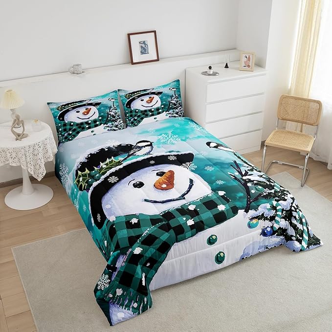 Feelyou Kids Christmas Theme Decorations Bedding Set Xmas Snowman Comforter Set for Boys Girls Watercolor Teal Bedroom Collection King Size