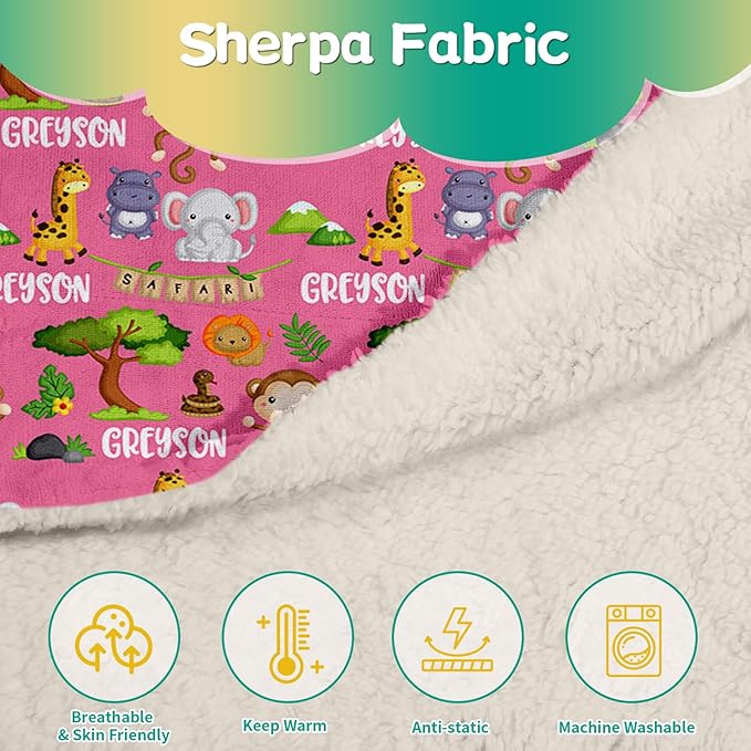 Custom Safari Animals Blanket Gift, Personalized Baby Blanket with Name, Soft Plush Flannel/Sherpa Fleece Throw Blankets for Toddler Kid Teen Boys Girls Color08
