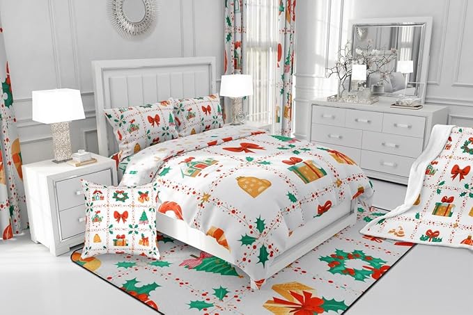 Feelyou Christmas Decor Kids Comforter Set King Size Red Bowknot Bedding Set New Year Gift Duvet Quilt for Kids Boys Girls Bedroom Happy New Year Decor Microfiber Ultra Soft Breathable