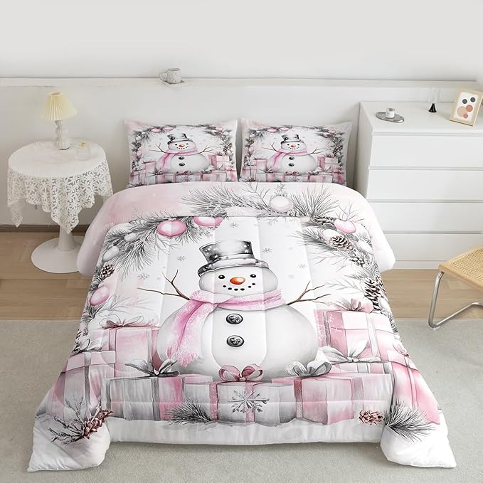 Feelyou Merry Christmas Comforter Set All Season Cute Snowman Bedding Set with 1 Pillow Cases Microfiber Kids Toddler Bedclothes Snowflake Bedroom Decor Duvet Quilt Breathable Soft