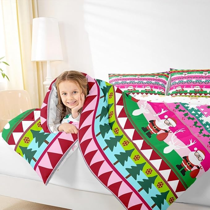 Feelyou Merry Christmas Tree Kids Comforter Set Full Size Cute Snowman Bedding Set Santa Claus Duvet Quilt for Kids Boys Girls Bedroom Cartoon Bowknot Decor Microfiber Ultra Soft Breathable